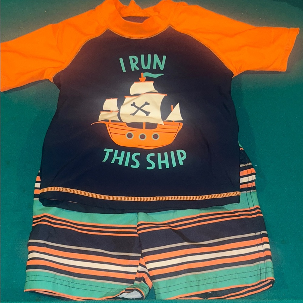 Carter's Navy, Orange & Teal Pirate Ship Rashguard Swim Set